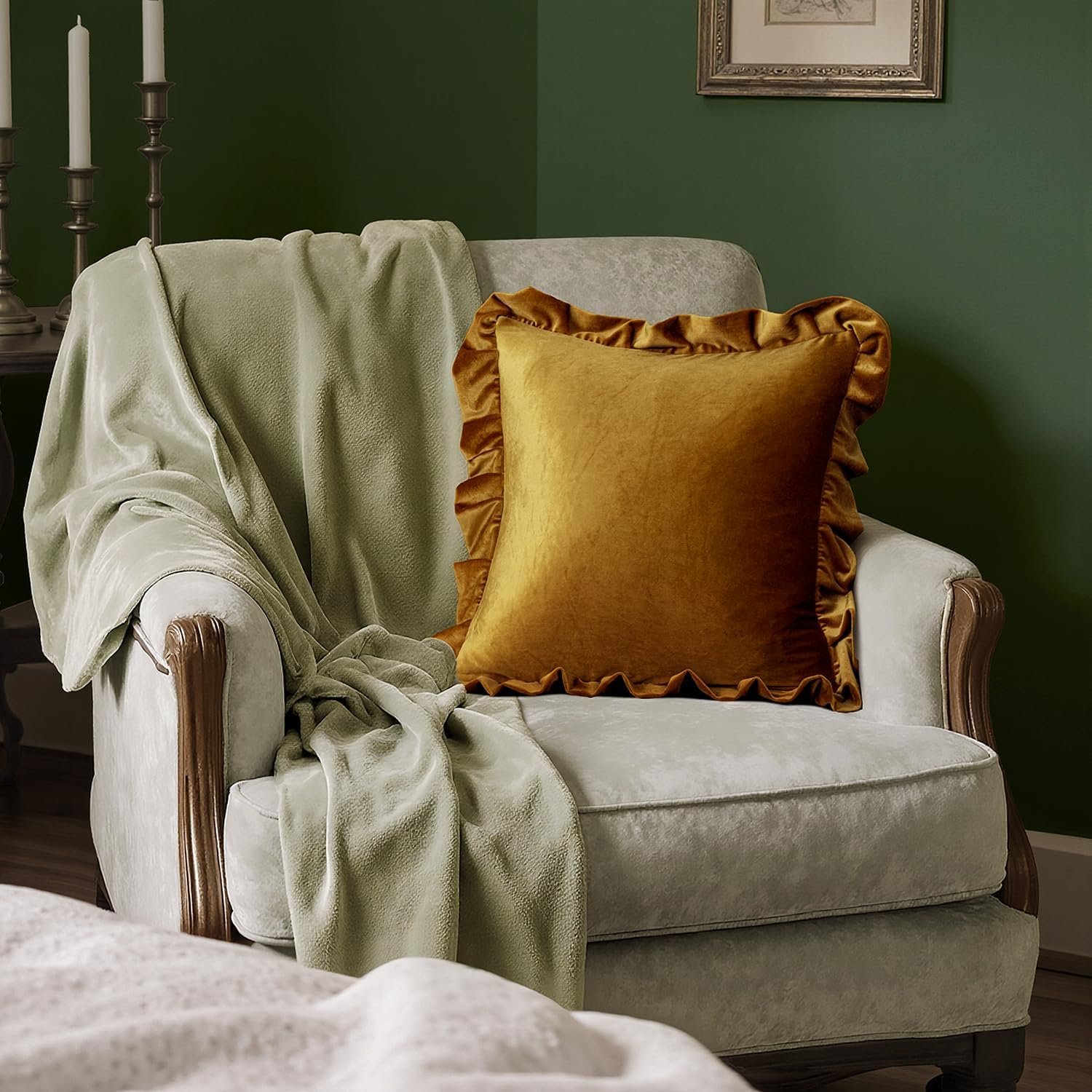 MIULEE Velvet Ruffle Throw Pillow Covers Soft Luxurious Golden Camel Pack of 2 18x18 Inch Square Cushions Vintage Gothic Decorative…