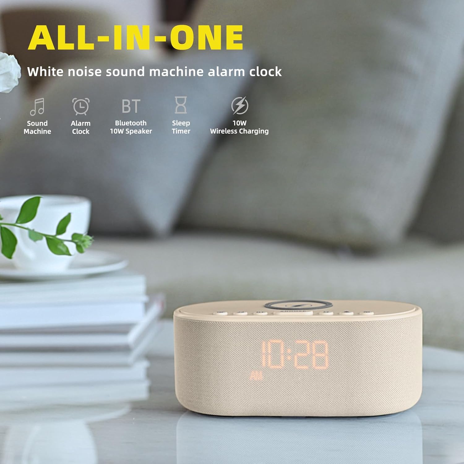 Odokee Sound Machine Alarm Clock for Bedrooms: Bluetooth 10W Stereo Sound Speaker with Wireless Charging - White Noise Machine for Sleeping…
