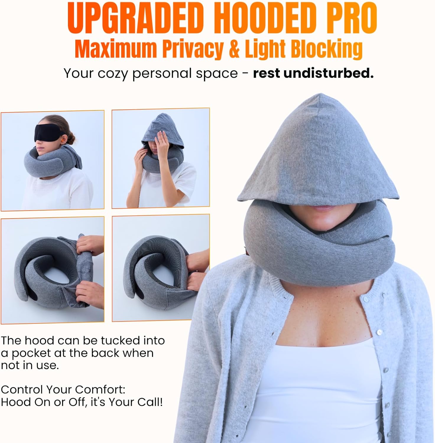 LOEXAIRTM Hooded Pro Travel Pillow - Memory Foam Neck Support Pillow for Airplane, Flight - Super-Soft Pure Cotton Fabric, Maximum Privacy…