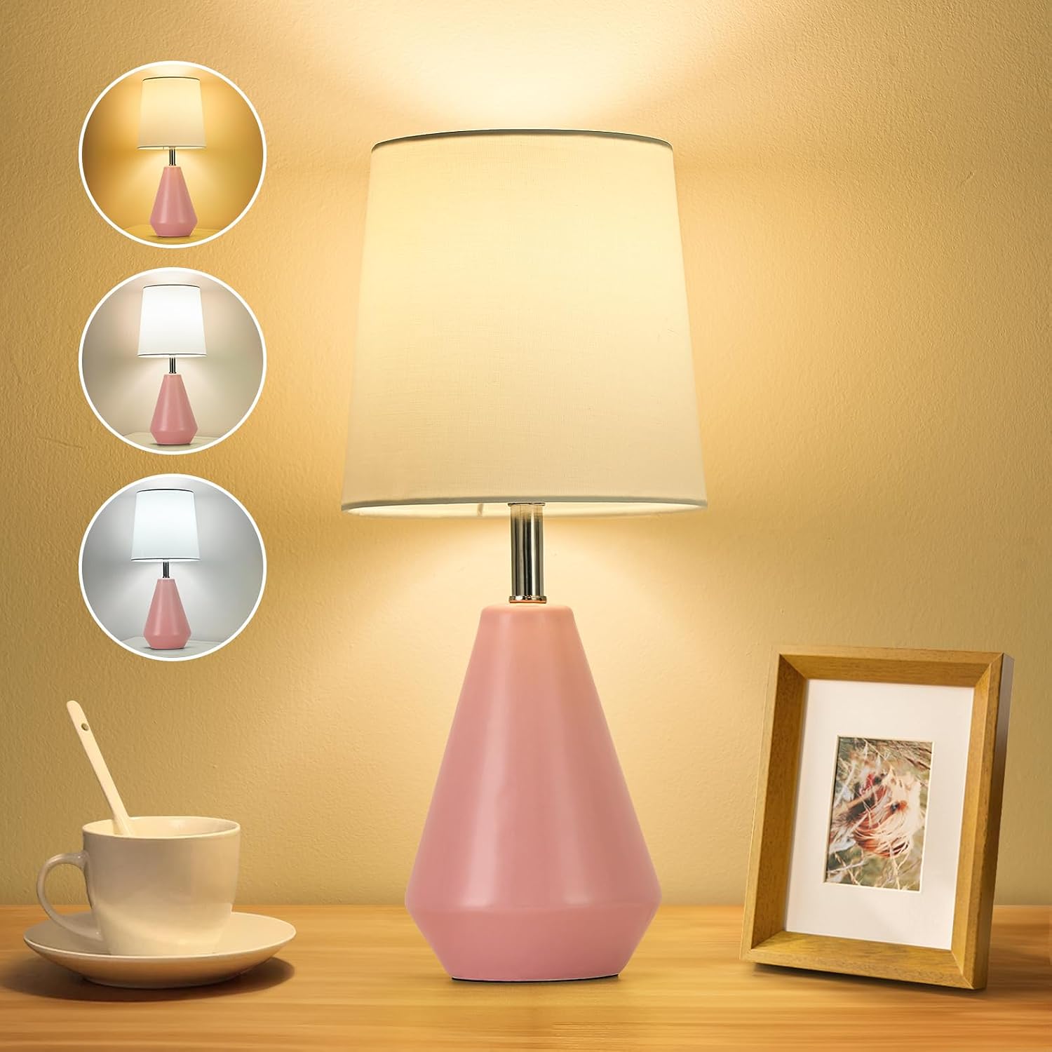 Small Bedside Table Lamp for Bedroom - Reading Desk Lamp with 3 Color Temperatures,15.5" Nightstand Ceramic Lamp with Fabric Shade for…