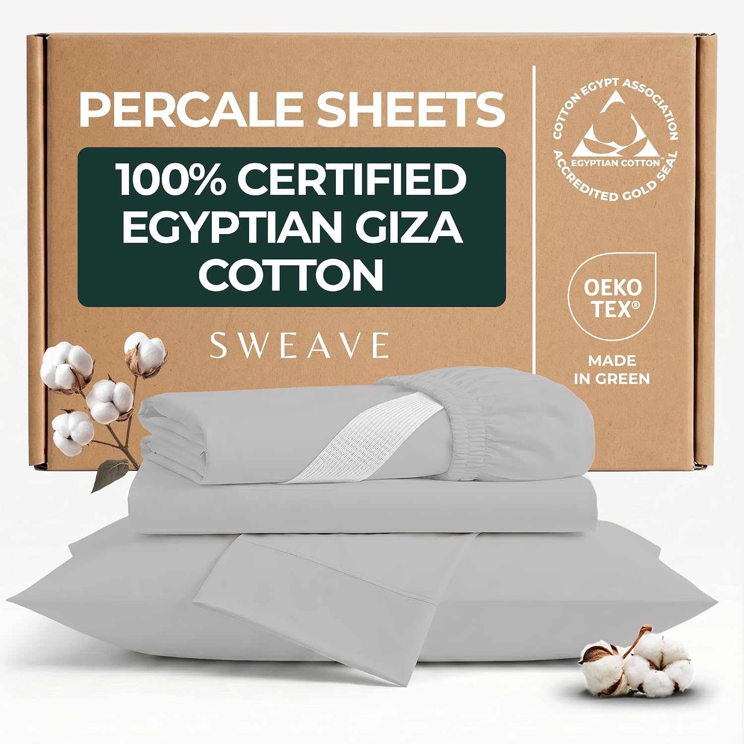 SweaveBedding 100% Egyptian Cotton Percale Sheets Queen Size - Genuine Luxurious 400 Thread Count - Naturally Crisp, Breathable, Skin-Frien…