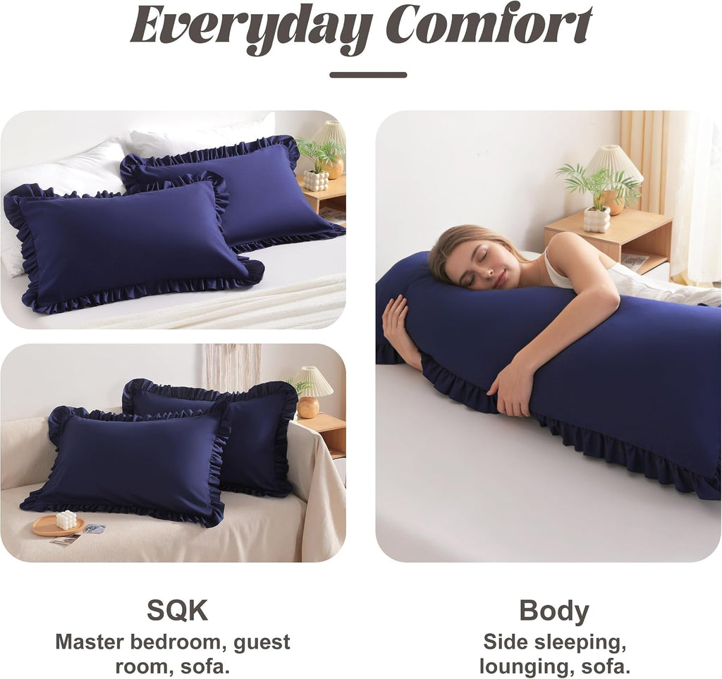 Bedsum Ruffled Body Pillowcase, 20x54 Inches, Brushed Microfiber with Envelope Closure, Soft Wrinkle-Resistant, Navy Blue Blue