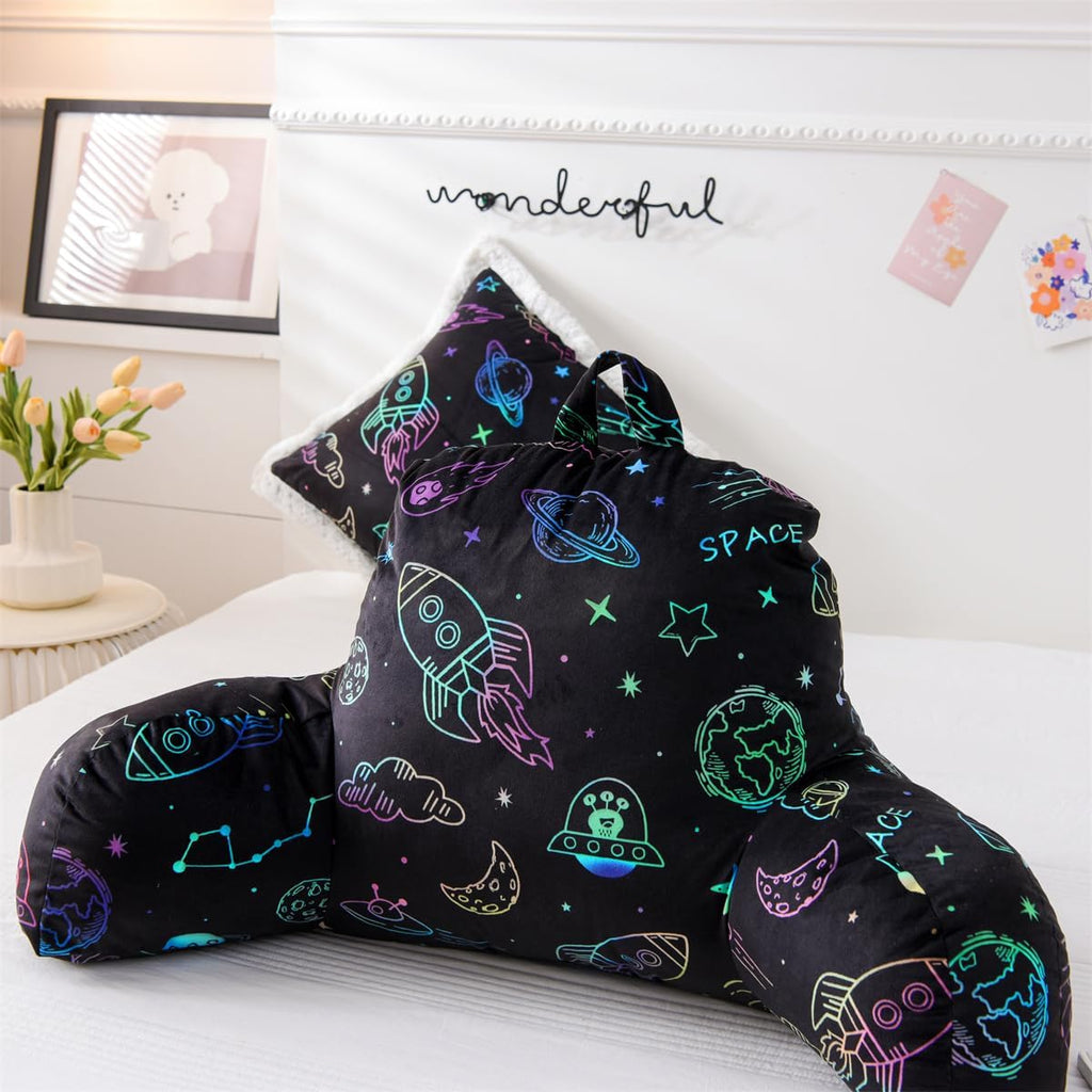 Holawakaka Reading Pillow with Arms, Space Rocket Print Plush Bed Rest Pillows for Kids Teens Petites Sitting in Bed, Sofa, Chair, Lounge,…