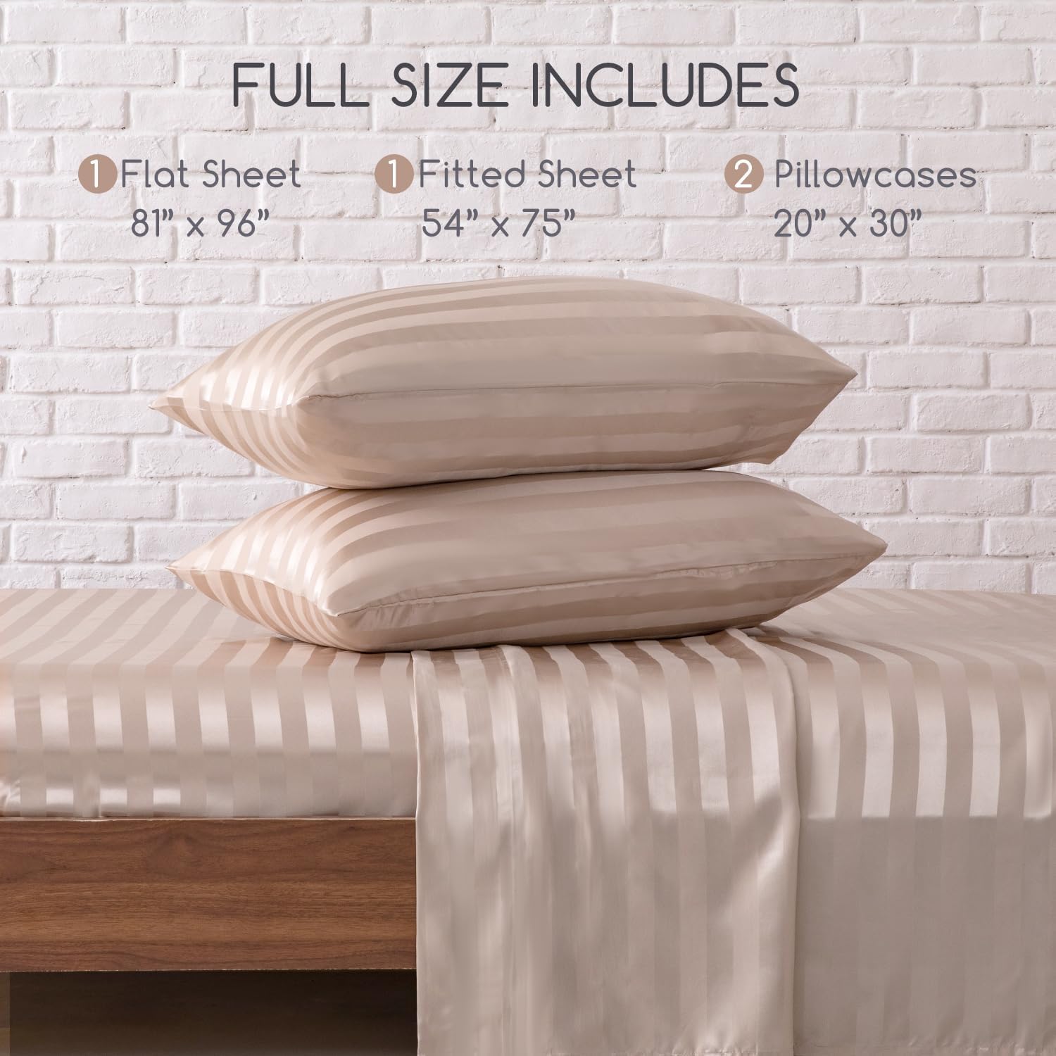 MR&HM Satin Bed Sheets, Full Size Sheets Set, 4 Pcs Silky Bedding Set with 15 Inches Deep Pocket for Mattress (Full, Champagne Striped…
