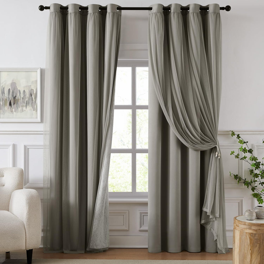 Swandream 100% Blackout Curtains for Bedroom, Double Layer Grey Curtains, Black Out Curtain 84 inch Long with Sheer Overlay for Living Room…