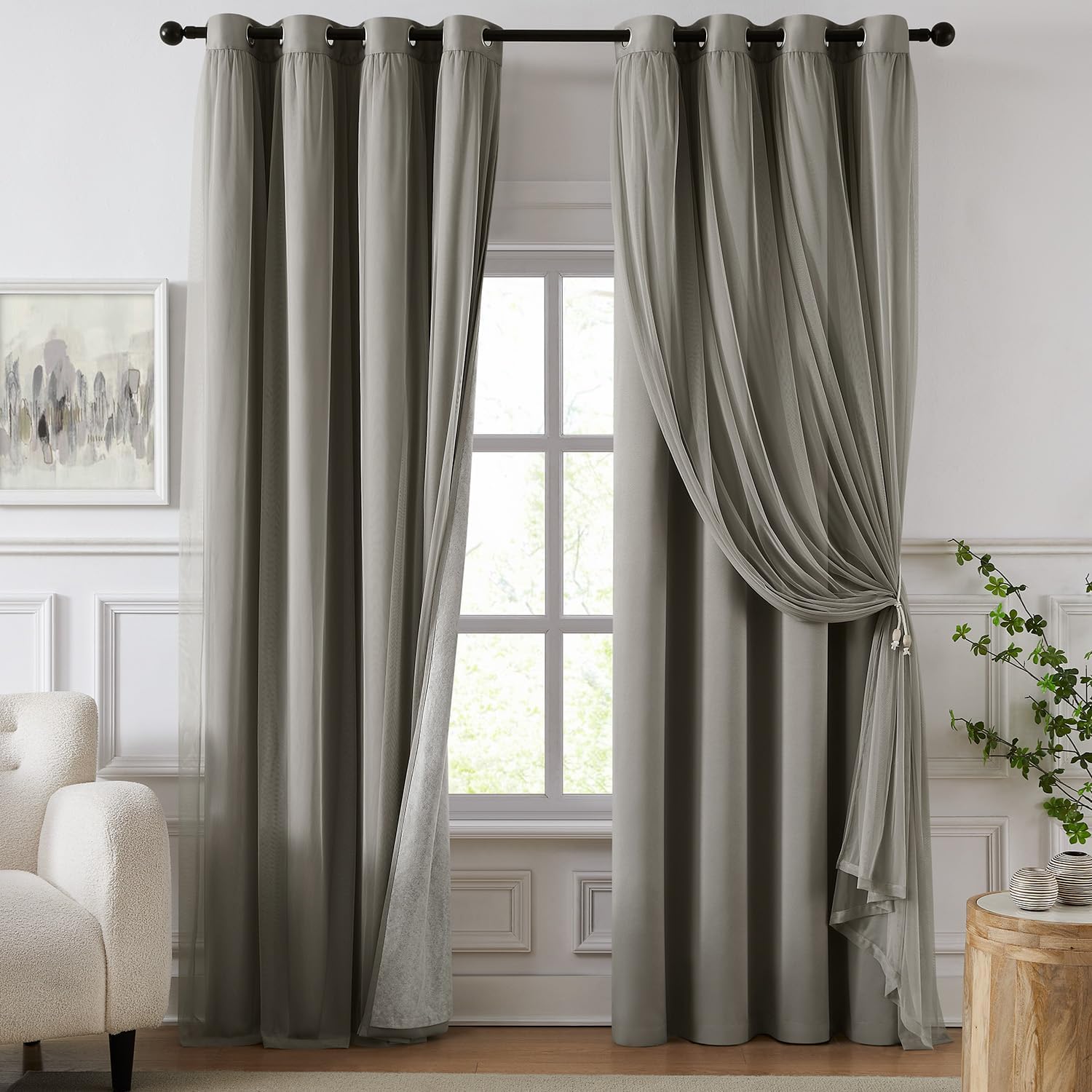Swandream 100% Blackout Curtains for Bedroom, Double Layer Grey Curtains, Black Out Curtain 108 inch Long with Sheer Overlay for Living Roo…