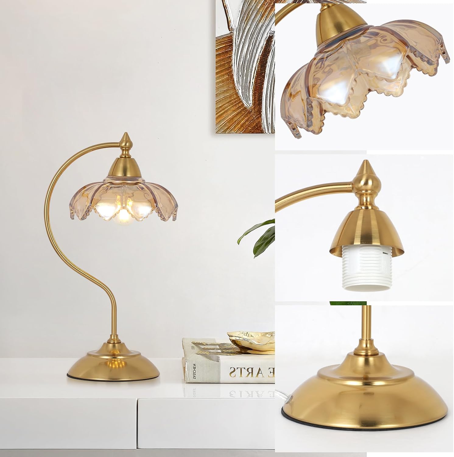 Table Lamps for Living Room, Flower Desk Lamp, Glass Beside Lamp for Nightstand, Gooseneck Small Table Lamp, Mid Century Modern Desk…