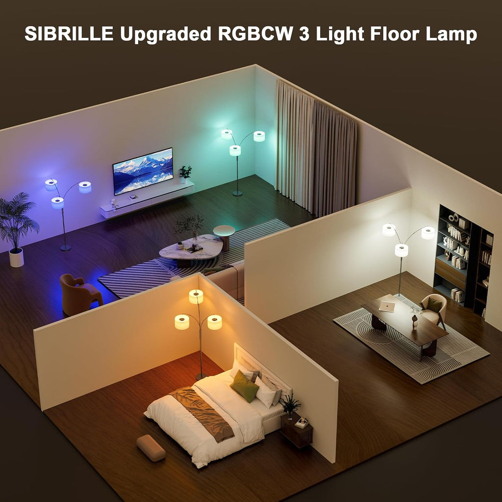 SIBRILLE 36W RGB Arc Floor Lamp with 3 Fabric Shades, 3000LM Super Bright Standing Lamp with Remote Control & Touch, Stepless Dimming…