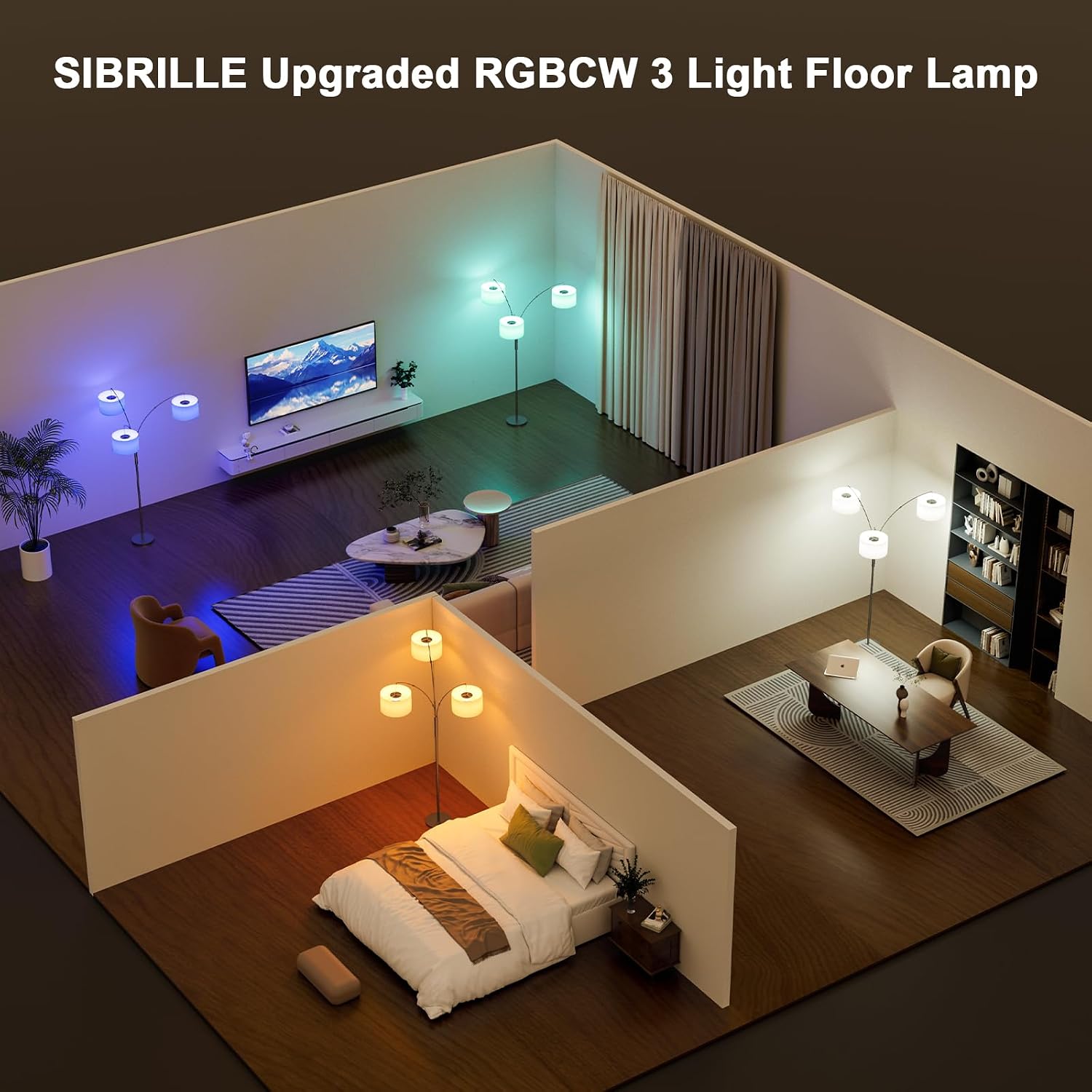 SIBRILLE 36W RGB Arc Floor Lamp with 3 Fabric Shades, 3000LM Super Bright Standing Lamp with Remote Control & Touch, Stepless Dimming…