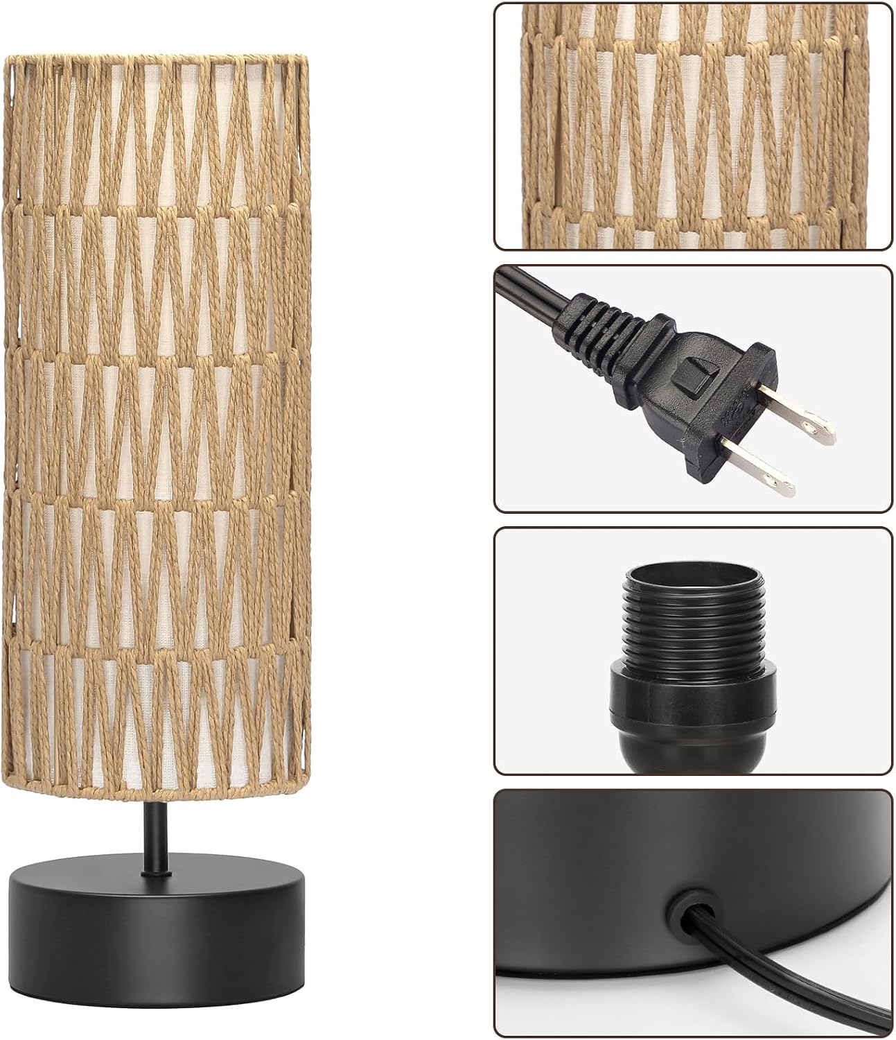 Rattan Table Lamp, Touch Control Bedside Table Lamp with Black Base, 3 Way Dimmable Nightstand Lamp with Dual-layer Shade, Boho Night…