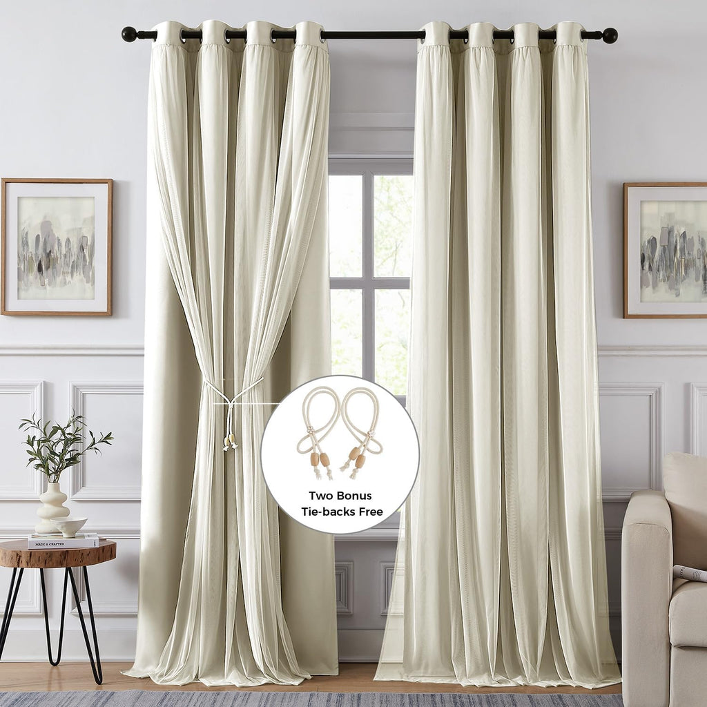Swandream Blackout Curtains for Bedroom, Double Layer Beige Curtains, Black Out Curtain 84 inch Long with Sheer Overlay for Living Room, Ro…