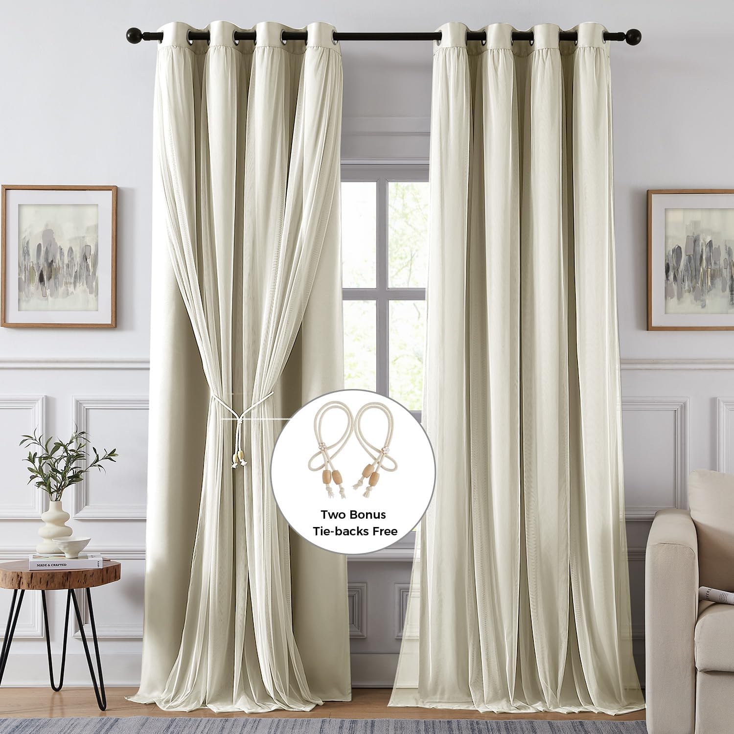 Swandream Blackout Curtains for Bedroom, Double Layer Beige Curtains, Black Out Curtain 84 inch Long with Sheer Overlay for Living Room, Ro…