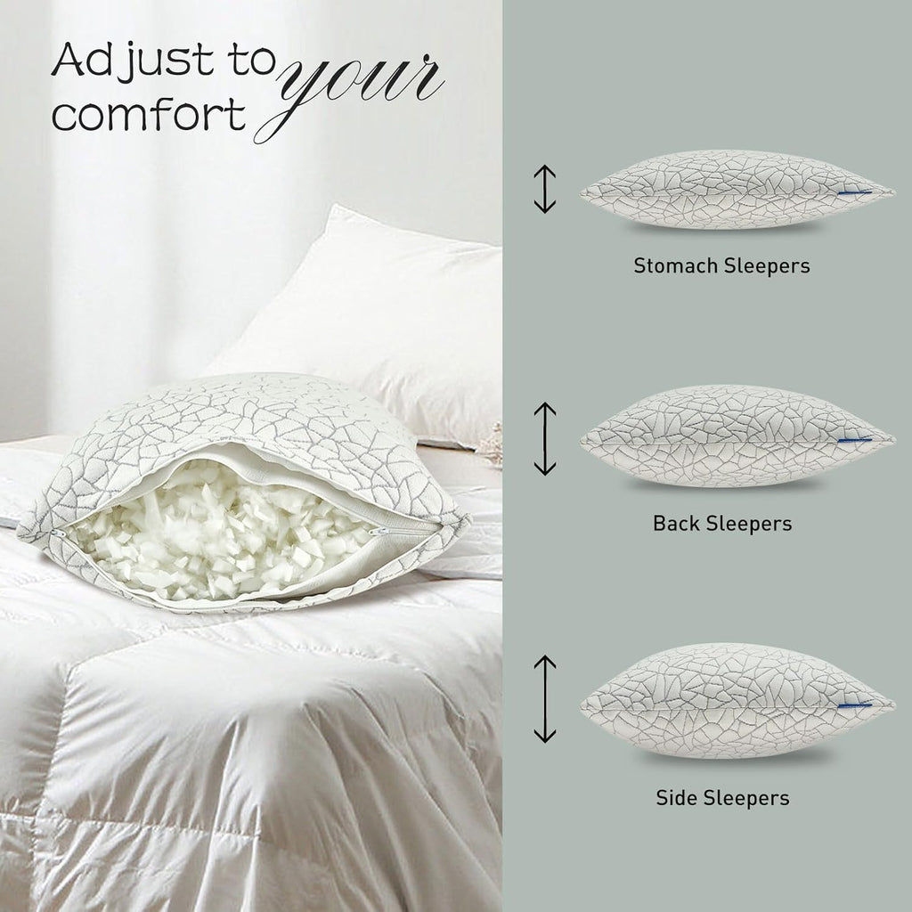 Shredded Memory Foam Pillow for Sleeping, Cooling Bed Pillows Queen Size Set of 2, Adjustable Soft and Firm Pillows or Side, Back…