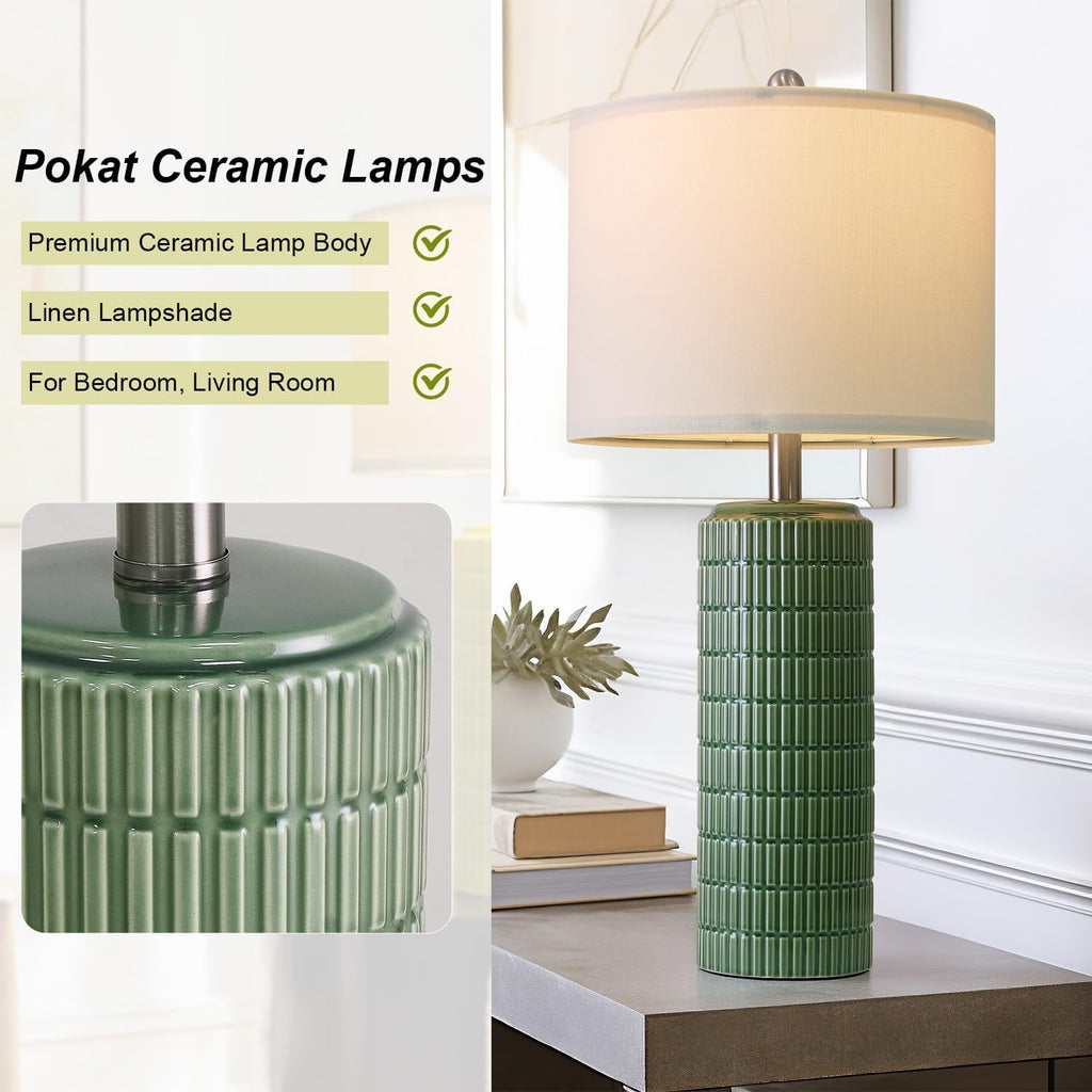 PoKat 27.5" Dark Green Ceramic Table Lamps for Living Room, Farmhouse Table Lamps Set of 2 for Bedroom Night Stands, Modern Bedside Lamps…