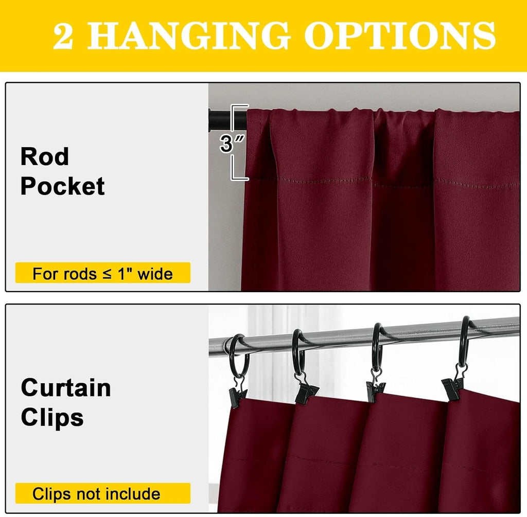 WelvetBLK Burgundy Room Darkening Curtains for Bedroom Living Room 45 Inch Length 2 Panels Set, Soft Solid Thermal Insulated Rod Pocket Sho…