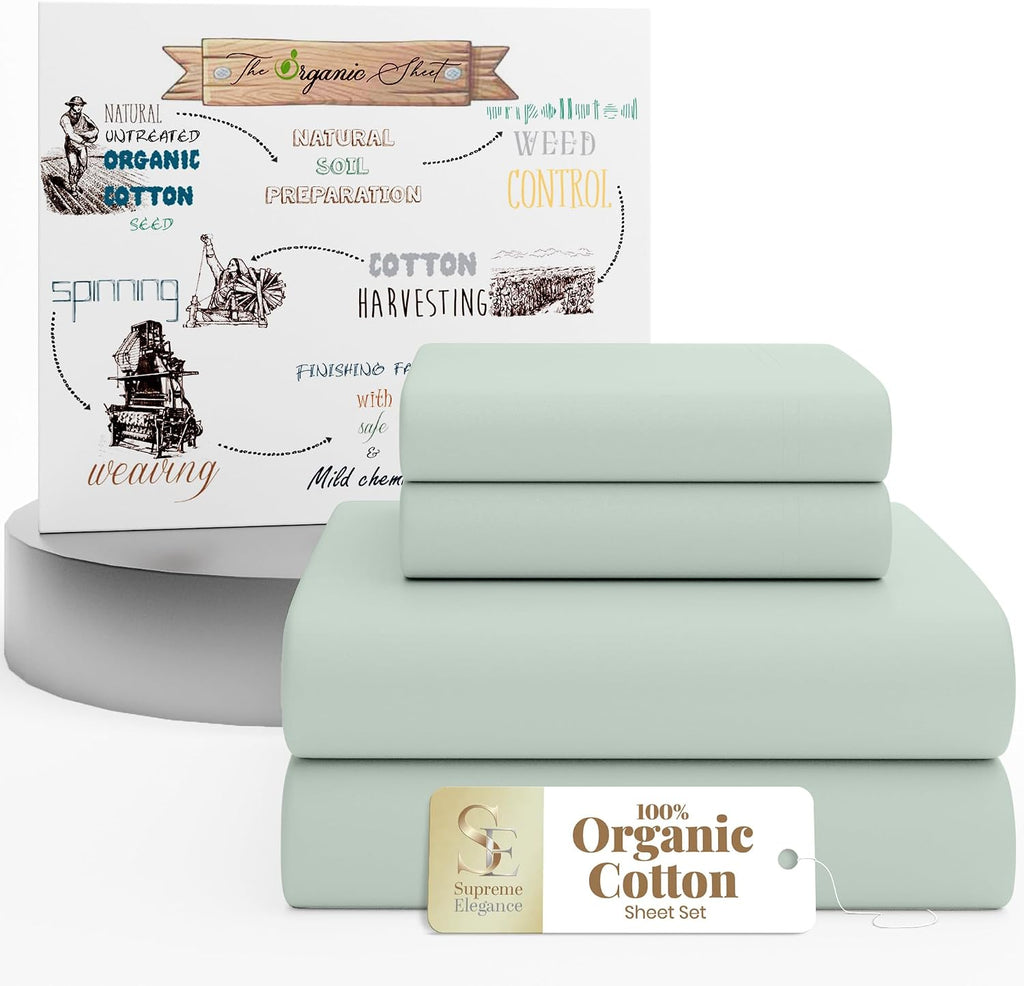 SupremeElegence SUPREME ELEGANCE 4Pc 100% Organic Cotton Queen Sheets Set, Pastel Green, Cooling Percale, Deep Pocket Fitted Sheet, Fits Ma…