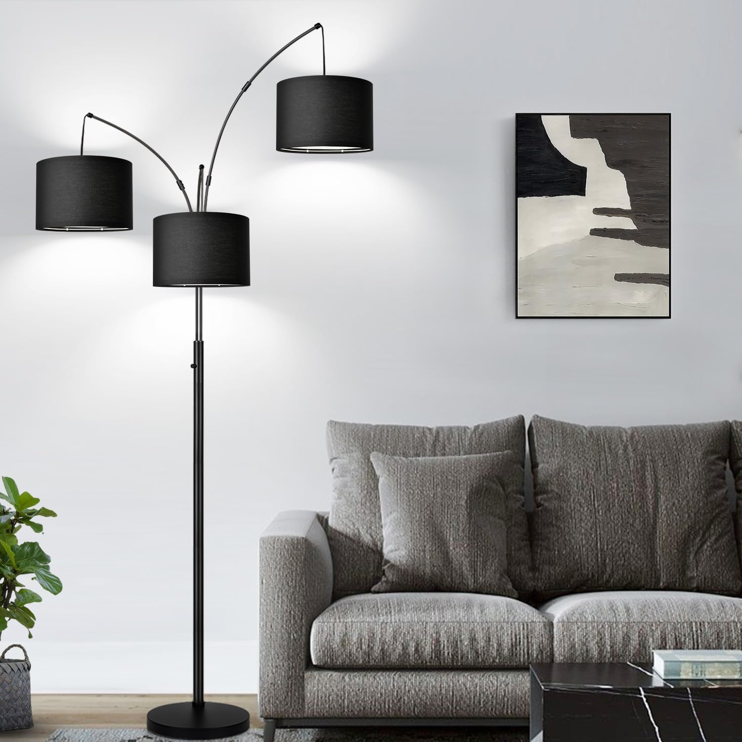 Dimmable Floor Lamp - 3 Lights Arc Floor Lamps for Living Room, 1000LM Modern Tall Standing Lamp With Black Shades & Heavy Base, Mid…