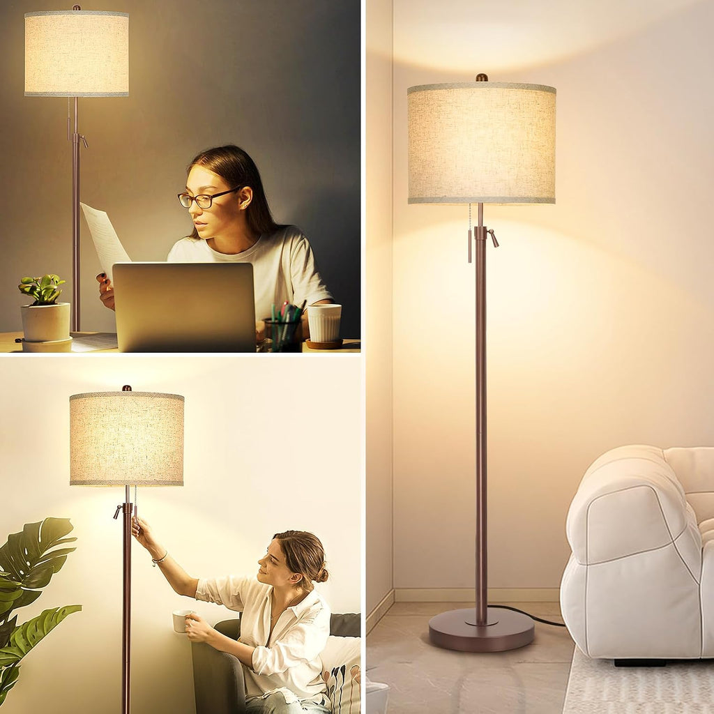 Qingmiao Metal Brown Floor Lamp for Living Room, Adjustable Height Standing Lamp, Pole Light for Bedroom, with Linen Shade and Metal…