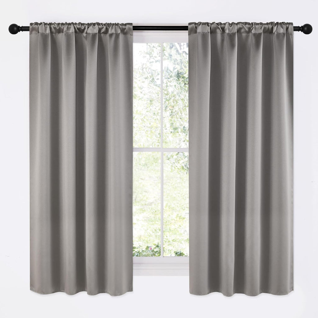 NICETOWN Room Darkening Cafe Satin Curtains for Small Windows, 42" Wide by 63" Long, 2 Panels, Chrome Gray, Rod Pocket Privacy Blackout…