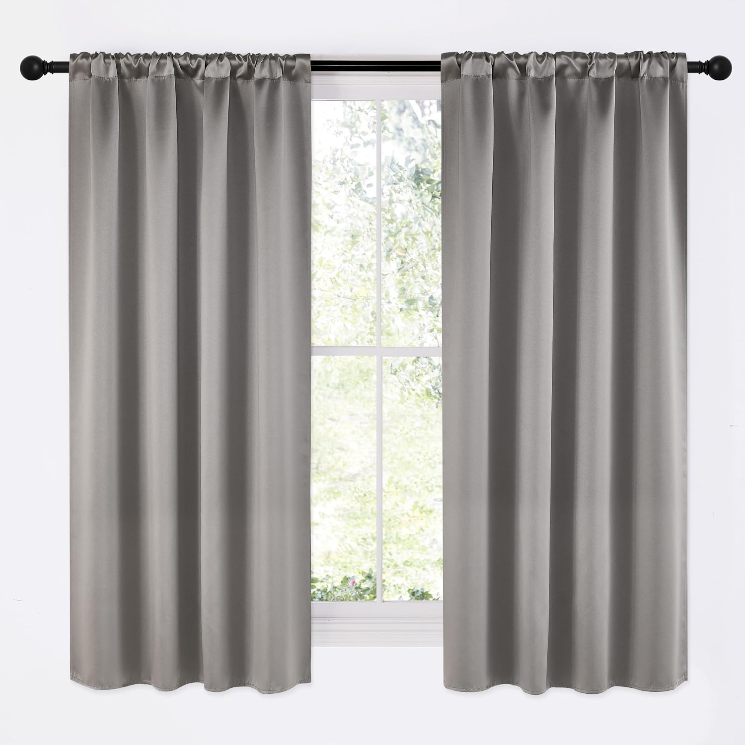 NICETOWN Room Darkening Cafe Satin Curtains for Small Windows, 42" Wide by 63" Long, 2 Panels, Chrome Gray, Rod Pocket Privacy Blackout…
