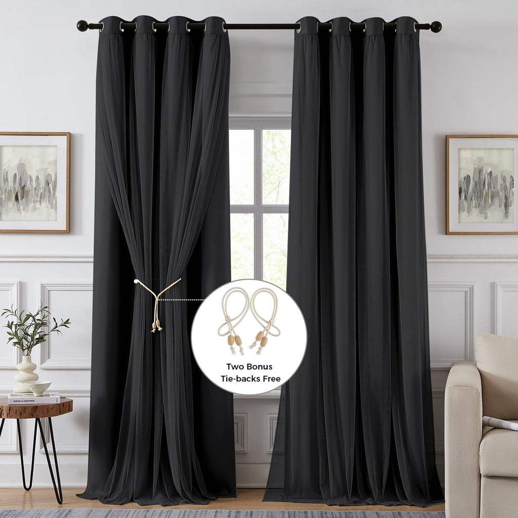 Swandream 100% Blackout Curtains for Bedroom, Double Layer Black Curtains, Black Out Curtain 84 inch Long with Sheer Overlay for Living Roo…