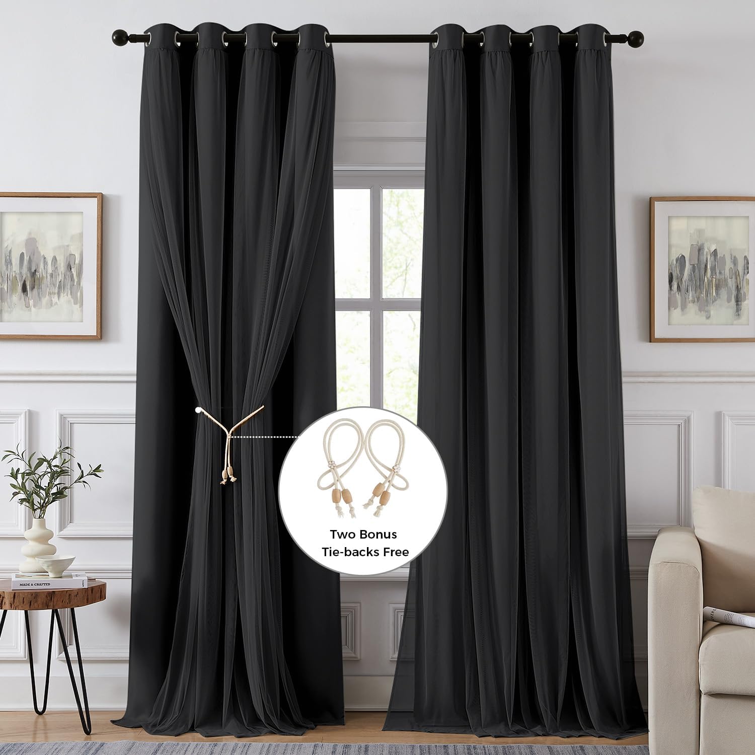 Swandream 100% Blackout Curtains for Bedroom, Double Layer Black Curtains, Black Out Curtain 84 inch Long with Sheer Overlay for Living Roo…