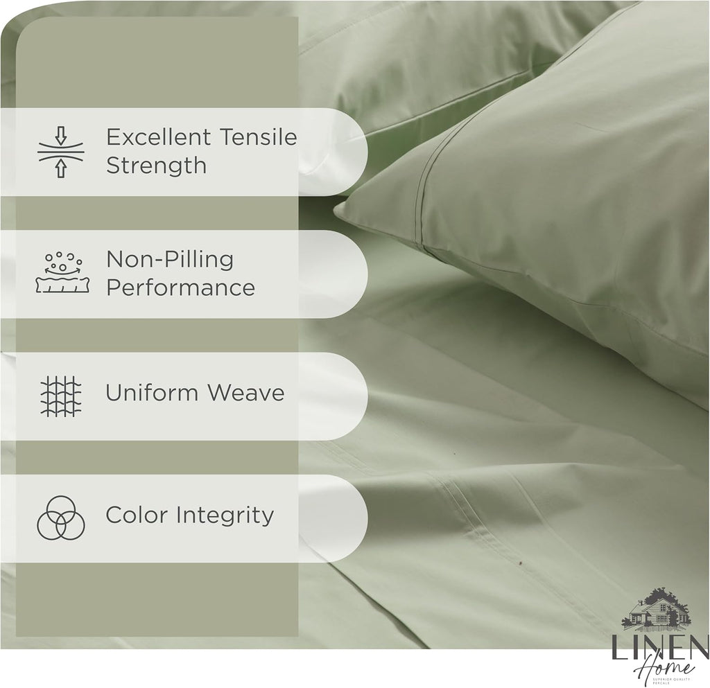 Linen Home 100% Cotton Percale Sheets King Size, Sage, Deep Pocket, 4 Pieces Set - 1 Flat, 1 Deep Pocket Fitted Sheet and 2 Pillowcases…