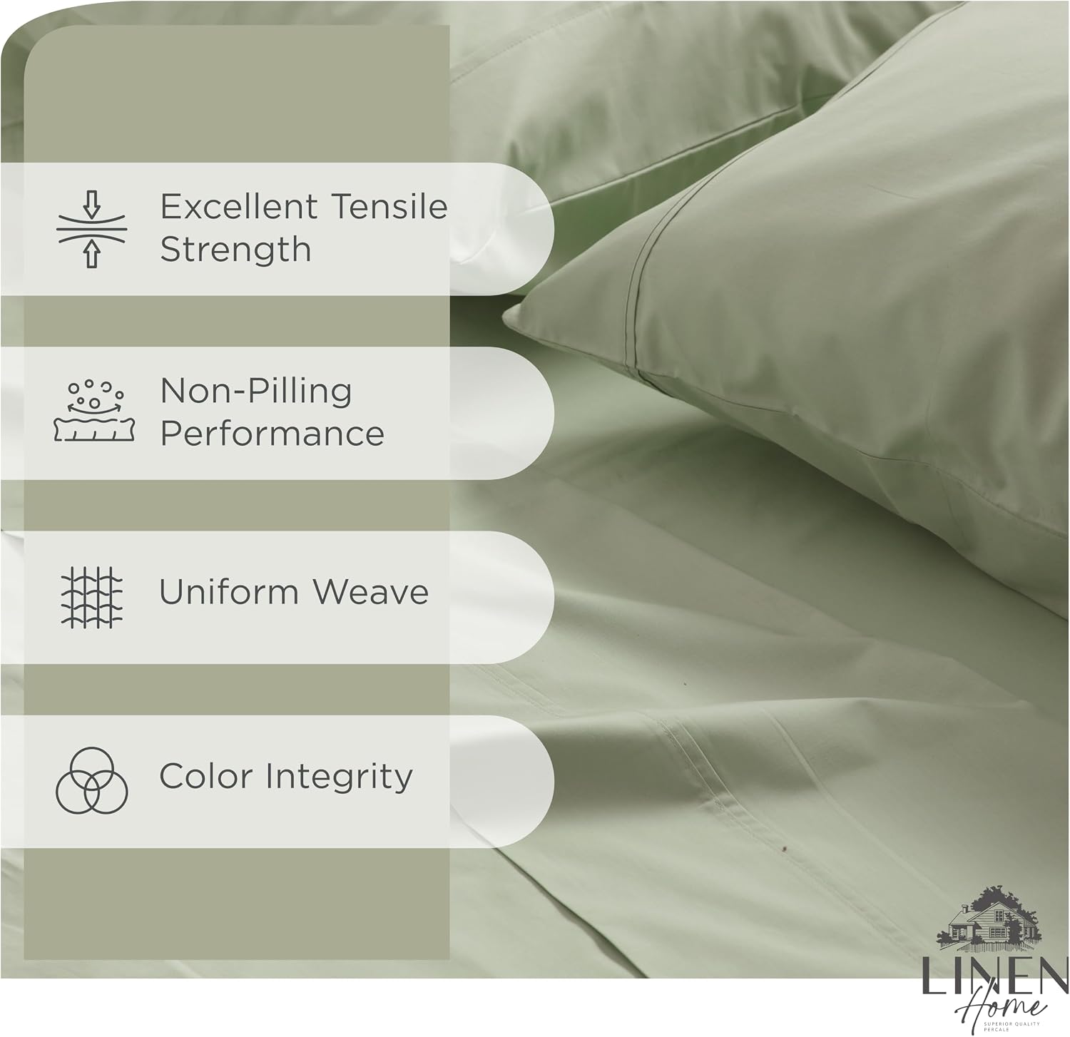 Linen Home 100% Cotton Percale Sheets King Size, Sage, Deep Pocket, 4 Pieces Set - 1 Flat, 1 Deep Pocket Fitted Sheet and 2 Pillowcases…