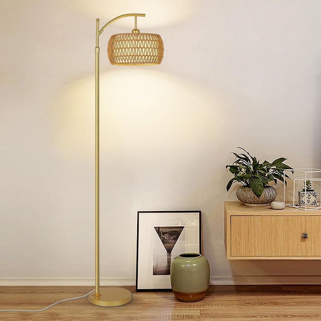 eyassi Arc Floor Lamp with 3 Color Temperatures, LED Gold Floor Lamp with Remote & Stepless Dimmable Bulb, Boho Standing Lamp with Rattan…