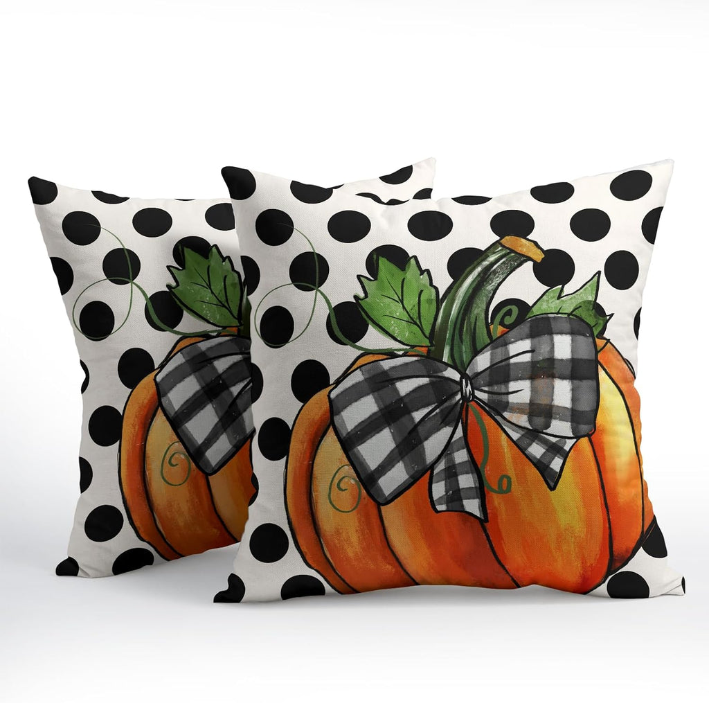 Fall Outdoor Pillows Covers 18x18 Inch Set of 2 Orange Pumpkin Black Polka Dot Decorative Throw Pillowcase Autumn Thanksgiving Seasonal…