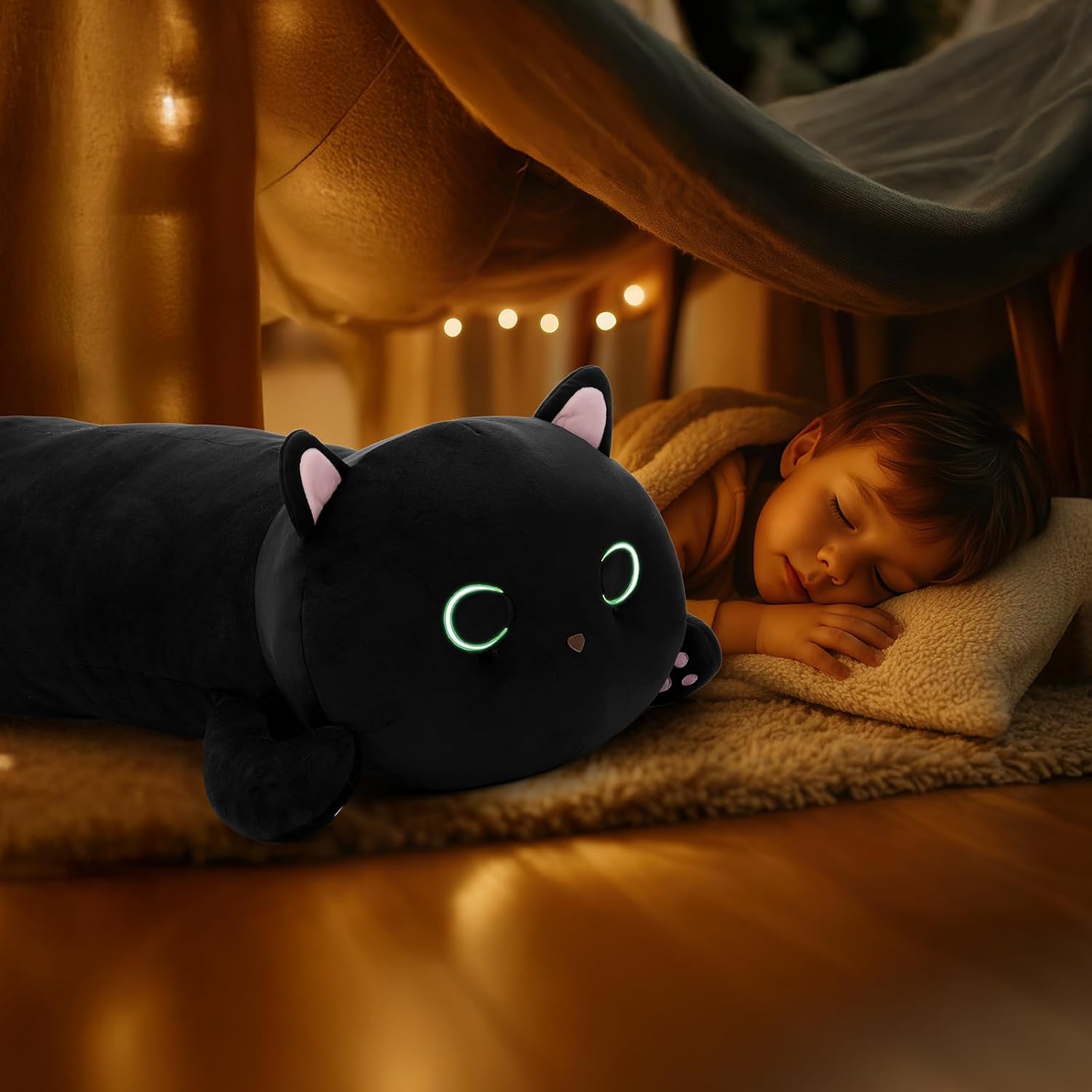 MaoGoLan Black Cat Plush Body Pillow, 44'' Giant Glow in The Dark Cat Stuffed Animal Toy for Girl Boy Kid, Big Cute Kitten Plush Throw…