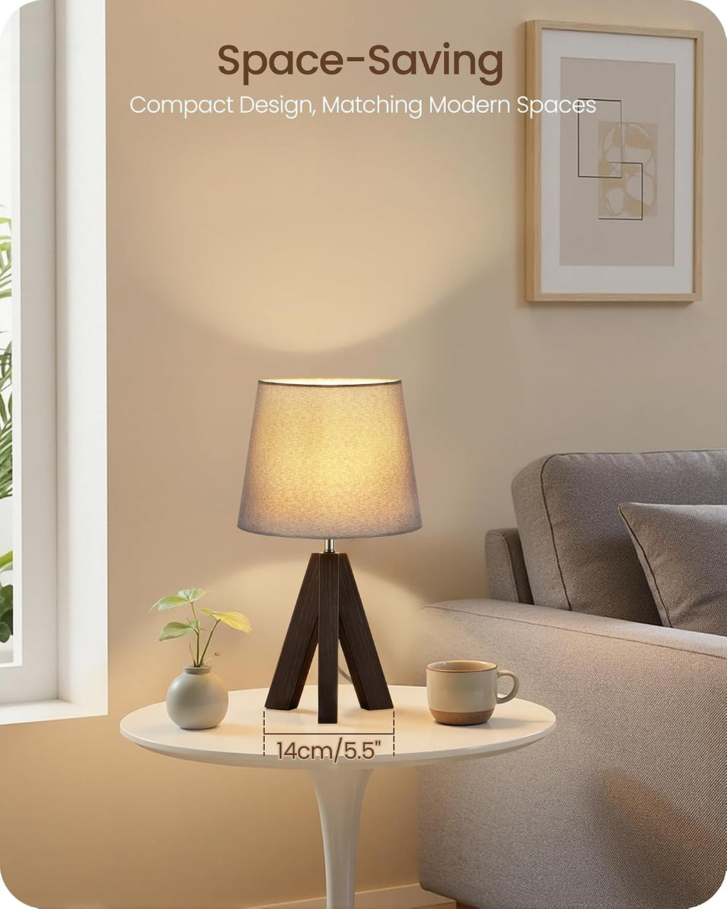 Tripod Table Lamp, 14.6" Small Bedside Lamp, Modern Nightstand Lamp with Gray Shade & Dark Walnut Base, Boho Desk Lamp for Bedroom, Kids…