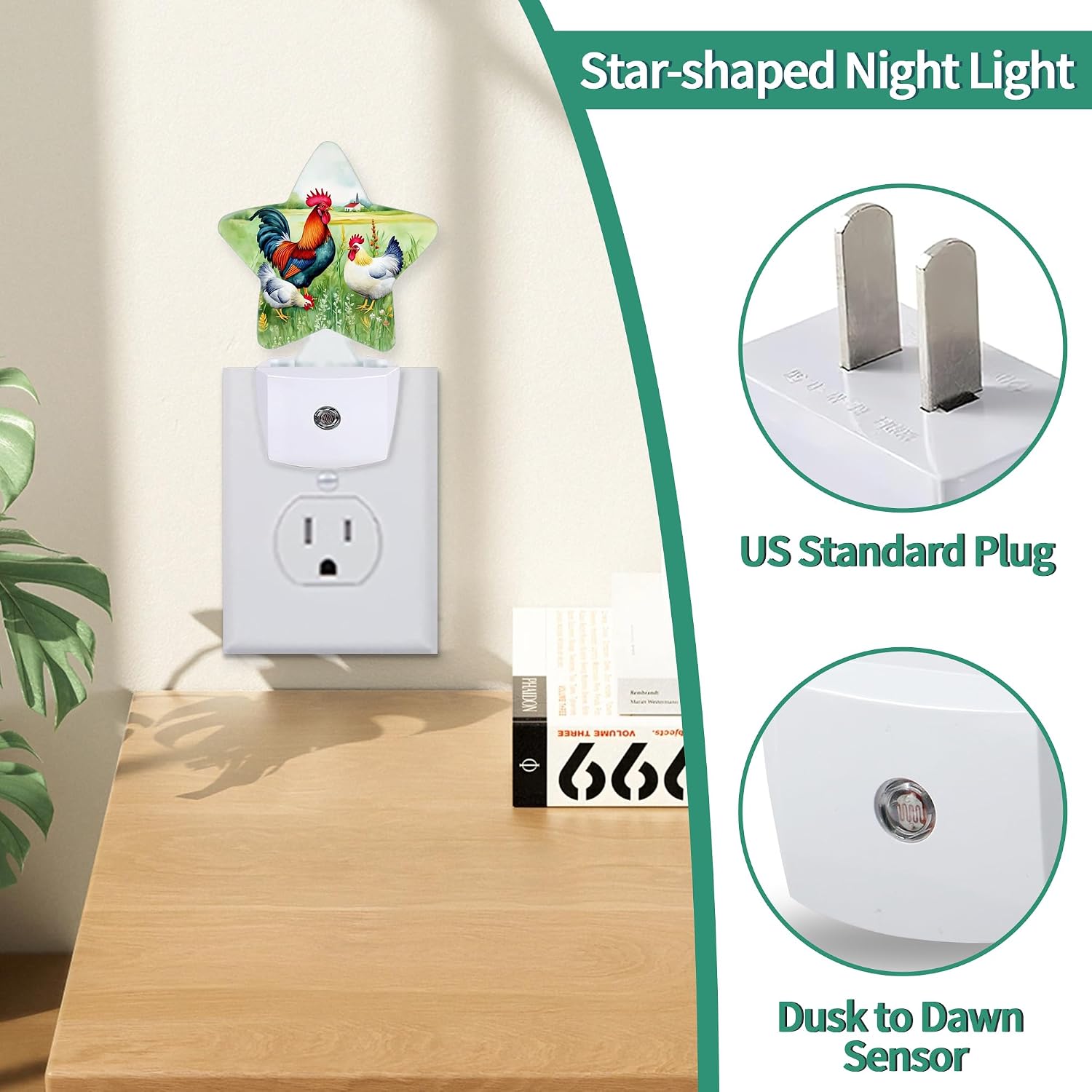 Farmhouse Rooster Star Night Light Plug in, Decorative Night Light for Kids Room Nursery Bedroom, Soft Glow Sensor Lamp for Hallway…