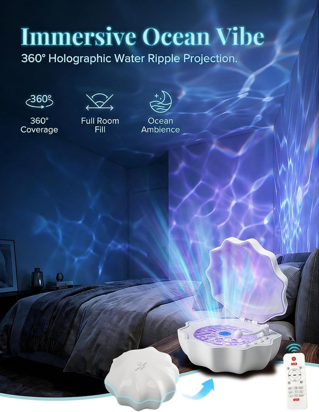 Ocean Wave Projector Light, Shell Night Light Built-in Bluetooth Speaker, Remote Control, White Noises for Home…