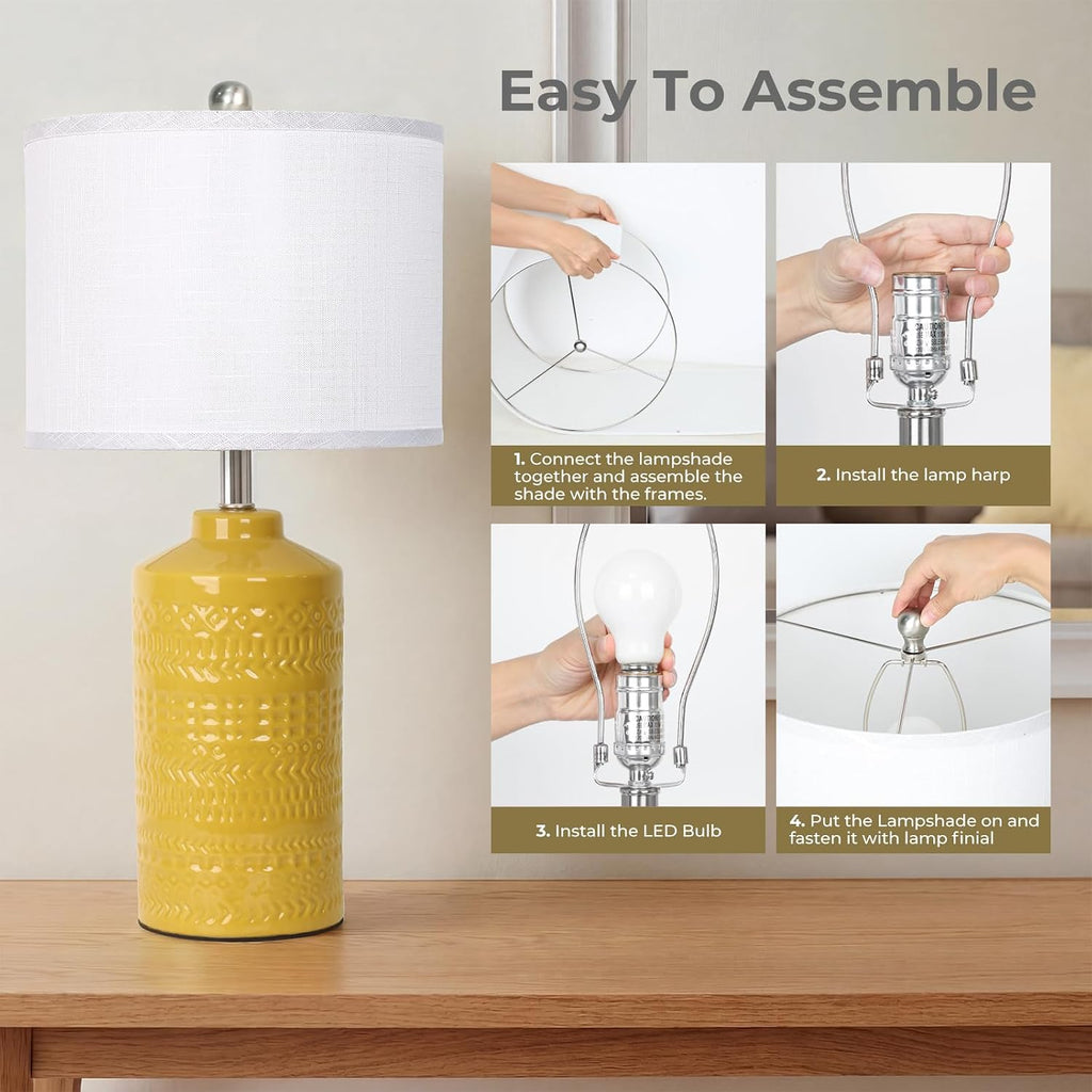 JUNNAI 25" Modern Bedside Ceramic Table Lamps for Living Room Mustard Yellow Nightstand 3-Way Dimmable Lamp Farmhouse Lamp for Bedroom…