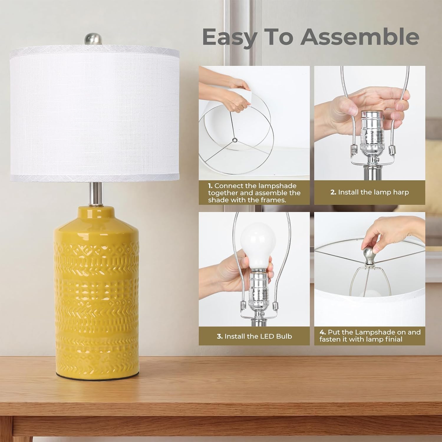JUNNAI 25" Modern Bedside Ceramic Table Lamps for Living Room Mustard Yellow Nightstand 3-Way Dimmable Lamp Farmhouse Lamp for Bedroom…