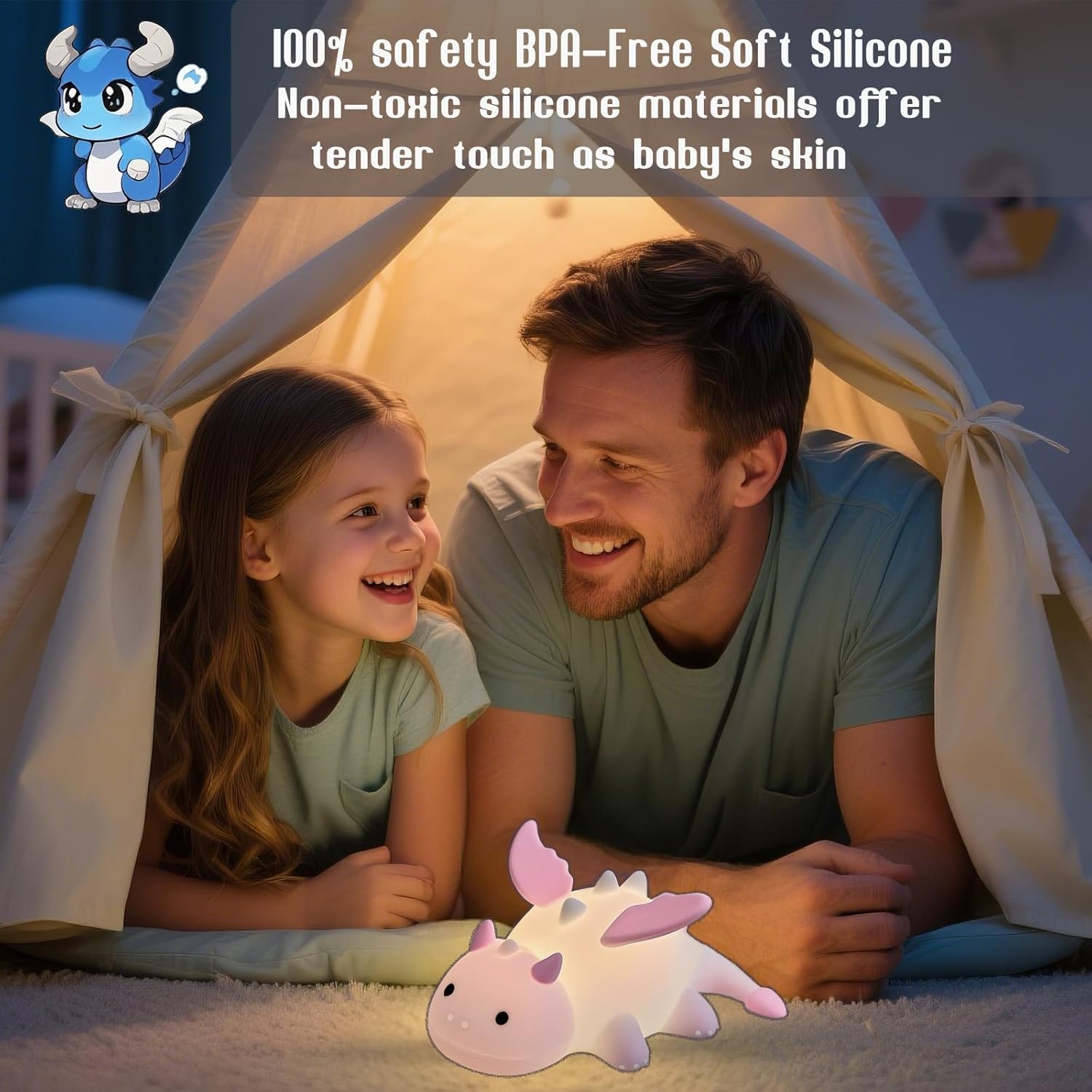 Dragon Night Light, Cute Pink Dragon Gifts, Soft Silicone Lamp with 3 Level Warm Light and RGB Changing, Breastfeeding Nursery Portable…