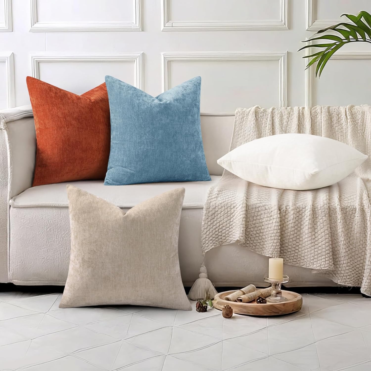 decorUhome Chenille Grey Blue Throw Pillow Covers 16x16 Inch Set of 2, Decorative Soft Couch Pillow Covers Solid Dyed Accent Farmhouse Neut…