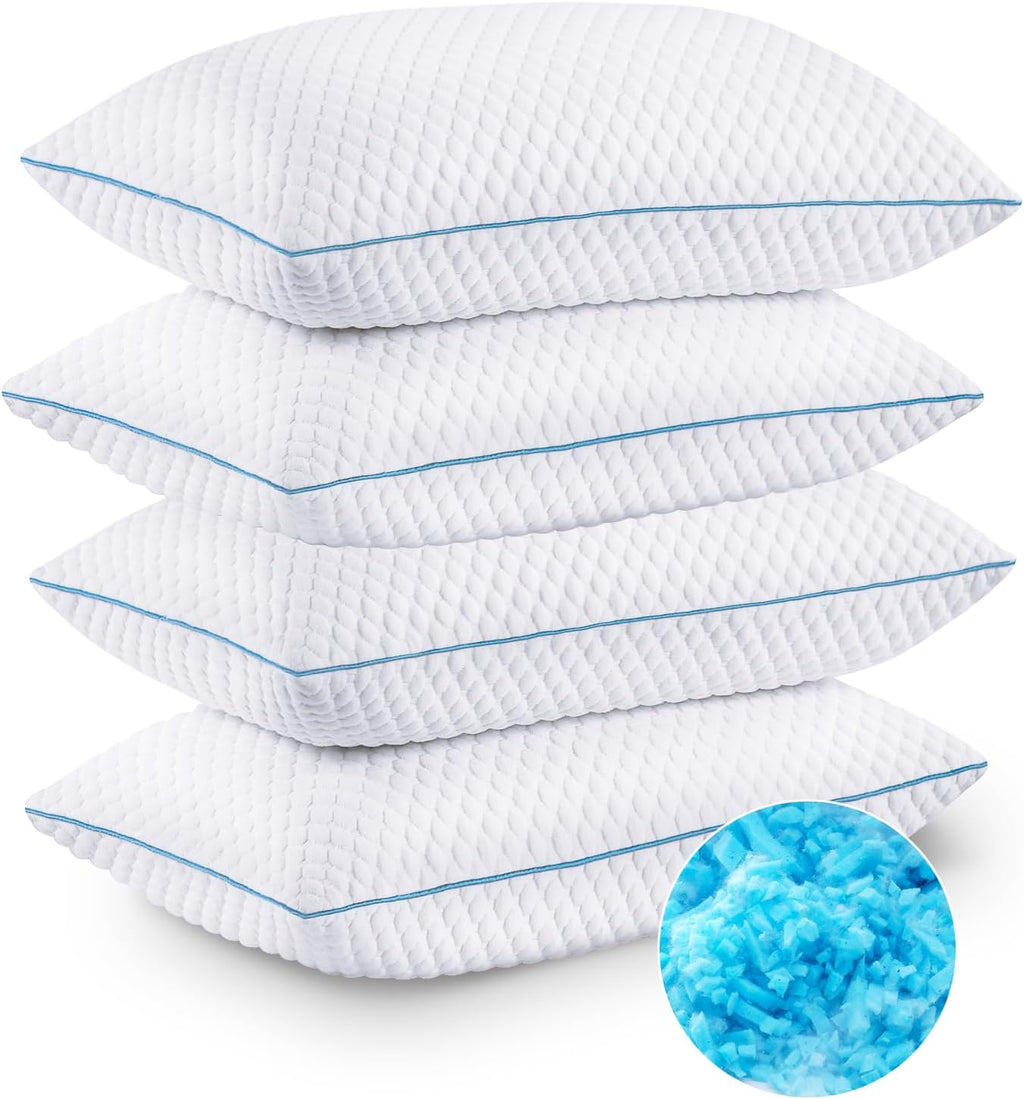 Vvz Cooling Bed Pillows Queen Size Set of 4, Shredded Memory Foam Pillows Cool Cold Pillow for Side Back Stomach Sleepers 4 pack White