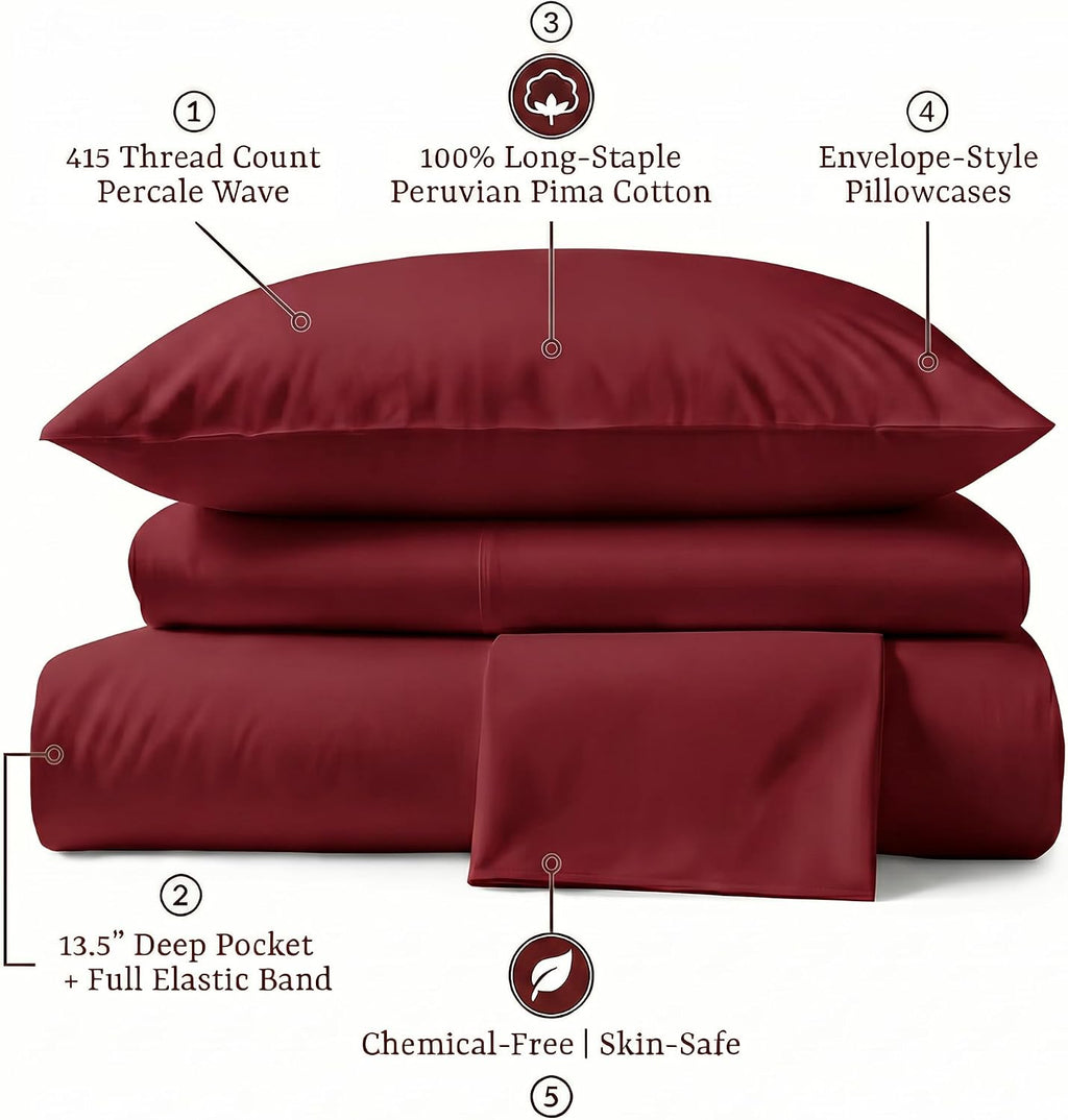 Perupima Peru Pima 415 Thread Count Percal King Sheet Set - 100% Peruvian Pima Cotton, 4 Piece (Flat, Fitted, 2 Pillowcases) - Cooling, Cri…