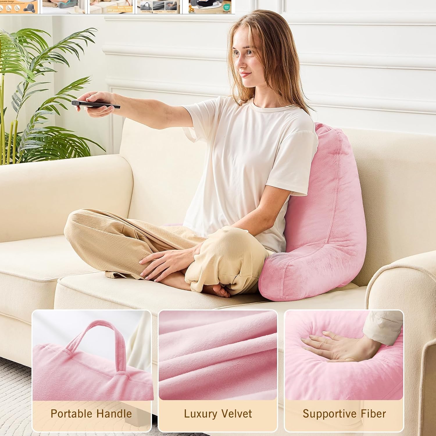 Sasttie Reading Pillow, Velvet Back Pillow for Bed Sitting Up, Adult Back-Rest Support Cushion with Arms for Sit Up on Couch, Sofa, and…