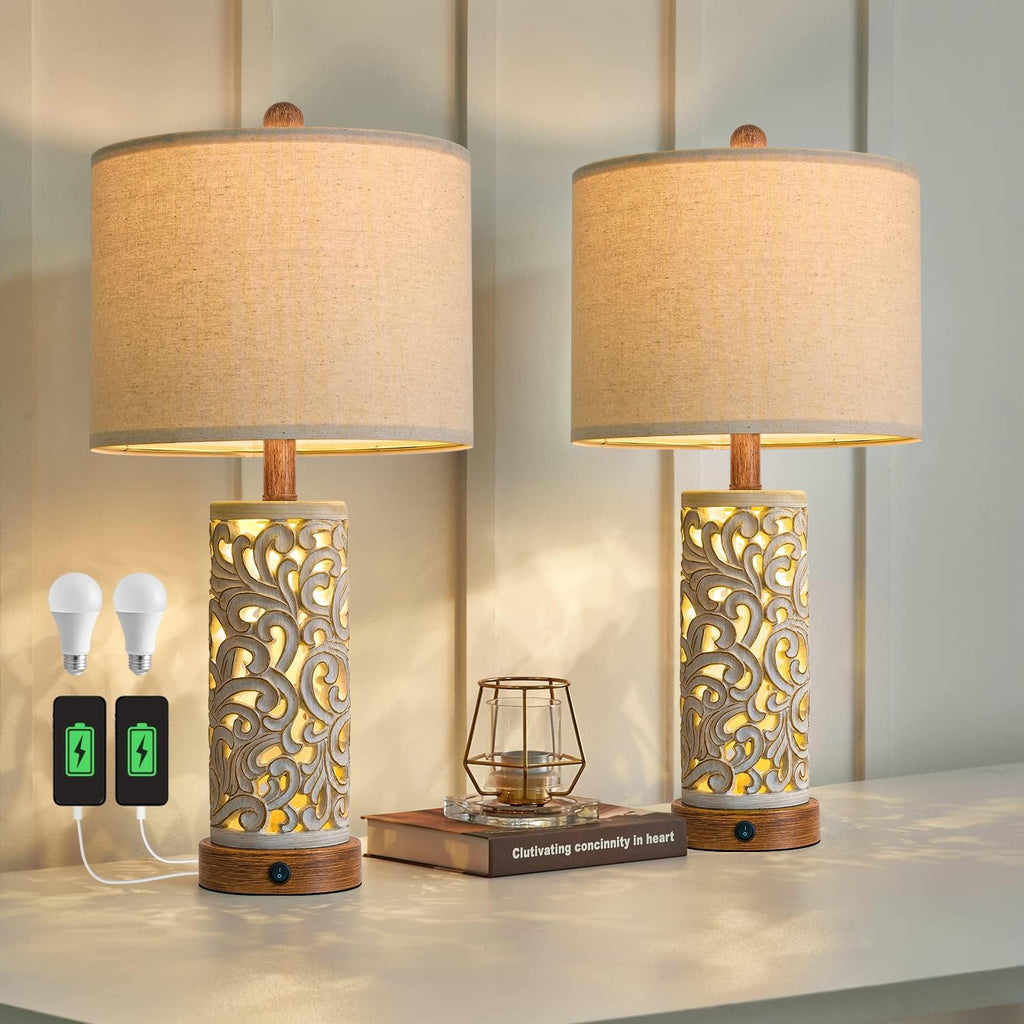 Oyears 22'' Table Lamp Set of 2 for Living Room, Farmhouse Lamp for for Bedroom, Vintage Retro Bedside Lamps with USB Ports Linen Shade for H…
