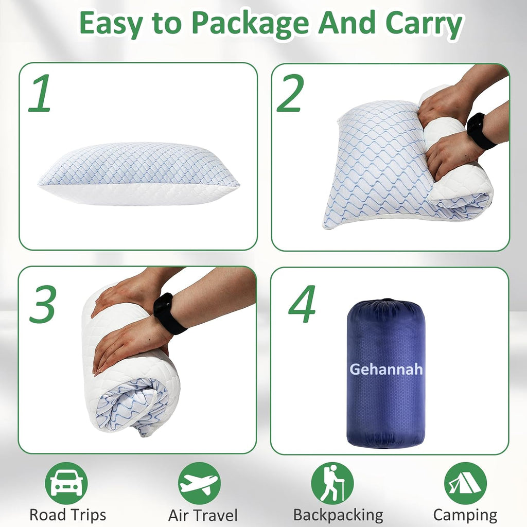 Gehannah Travel Pillow - Large 2 Pack Compressible Camping Pillow for Sleeping - Shredded Memory Foam with 2 Storage Bags - Supportive for…