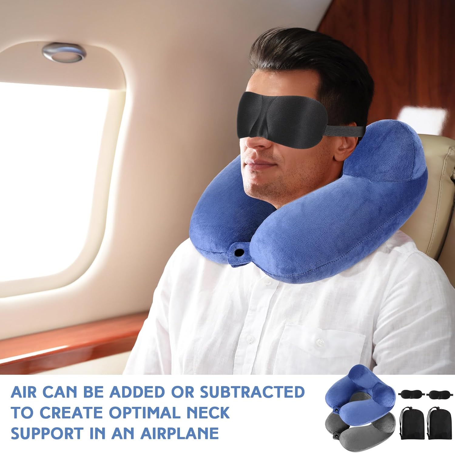 Sintuff 2 Pcs Inflatable Travel Pillow with Compact Bag and Blindfold Velvet Inflatable Neck Airplane Pillow Washable Cushion for…