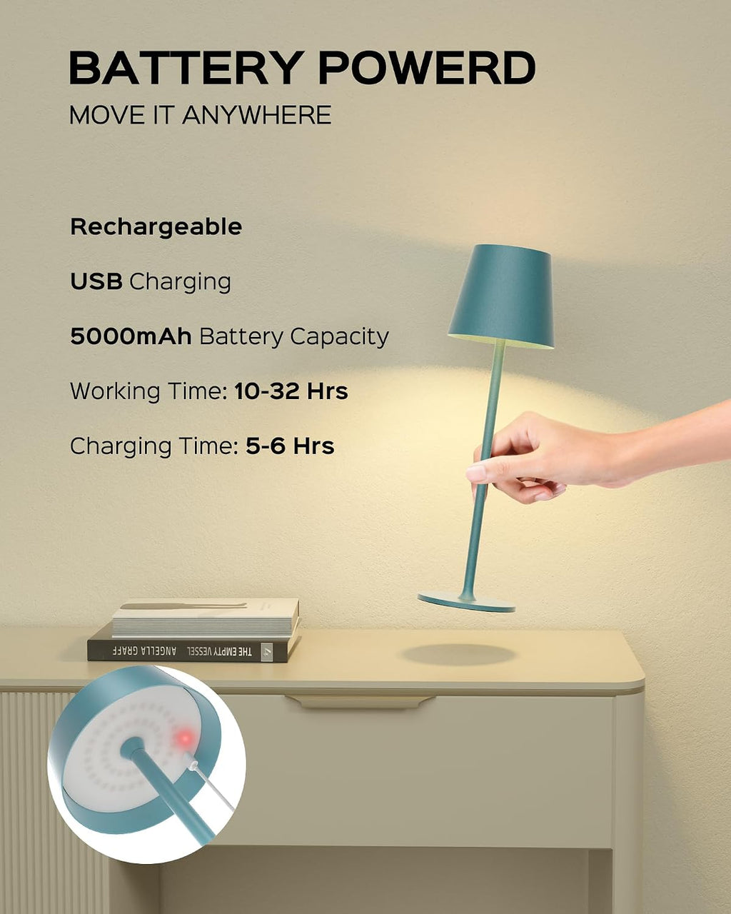 JACKYLED Cordless Table Lamps Rechargeable, 3 Adjustable Height, 5000mAh Battery Operated, 3 Colors Smooth Dimming, Portable LED…