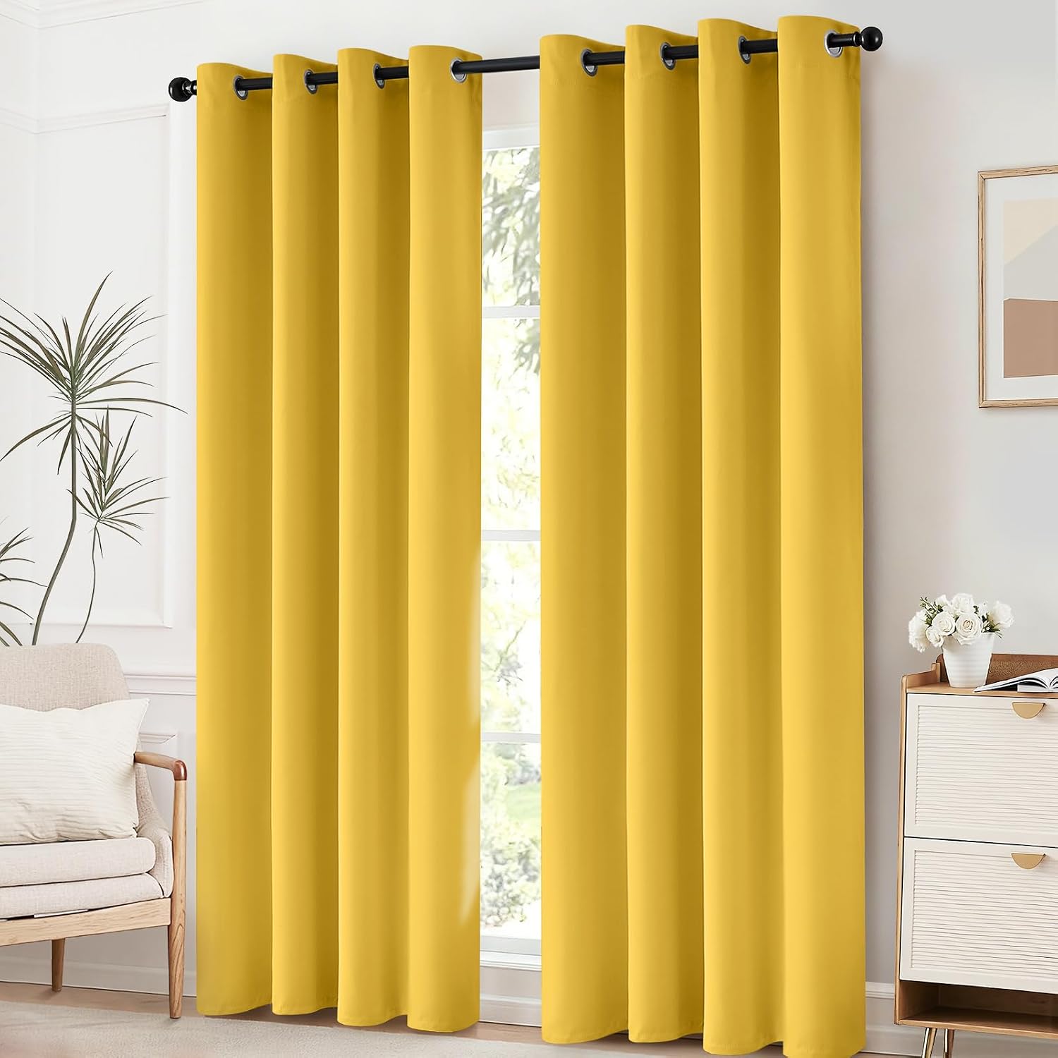 Yakamok Blackout Curtains Room Darkening Thermal Insulated Grommet top Window Curtains for Living Room, 52 x 63 Inch, Mustard Yellow, Set…