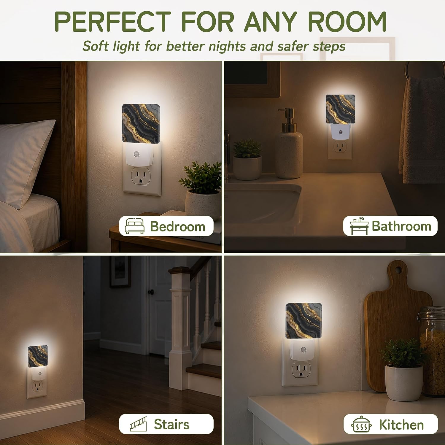 Black Gold Marble Night Lights Plug into Wall, Night Light with Dusk to Dawn Sensor for Bedroom Bathroom Kitchen Hallway Stairs…
