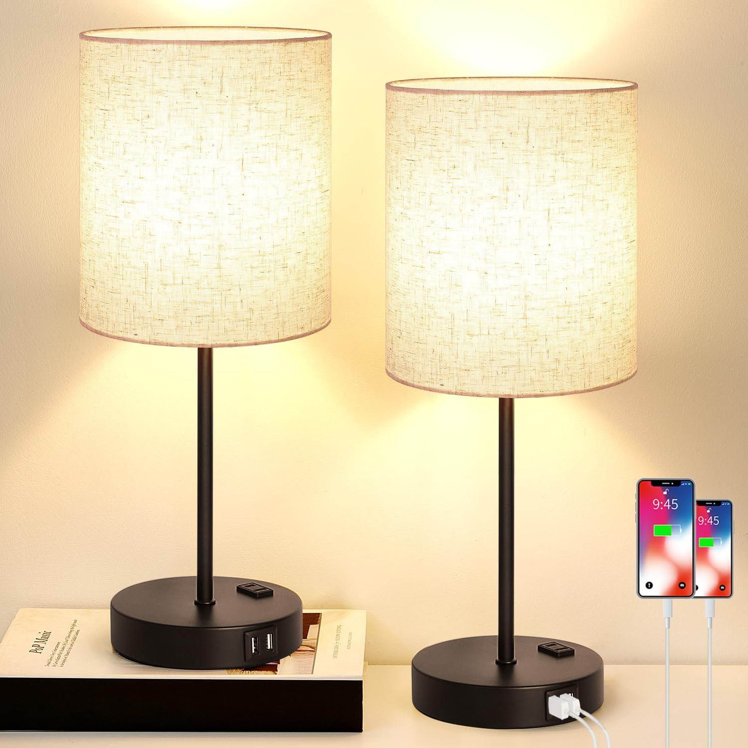 Lynnoland 2 Pack Touch Control Table Lamps with 2 USB & AC Outlet, 3-Way Dimmable Bedside Nightstand Lamps for Bedroom Living Room…
