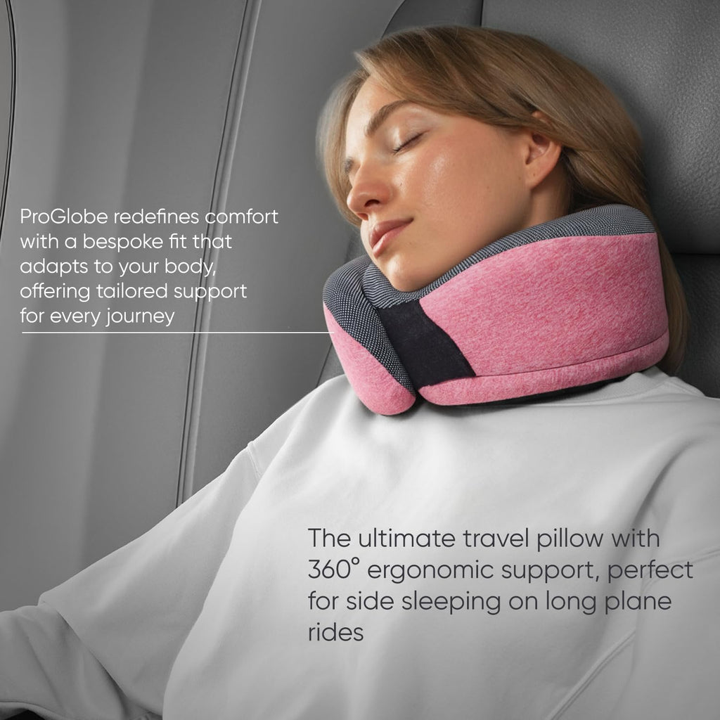Proglobe Pink Airplane Travel Pillow Set, 100% Pure Memory Foam Neck Pillow, Updated Material, Long Flight Travel Kit with 3D Contoured…