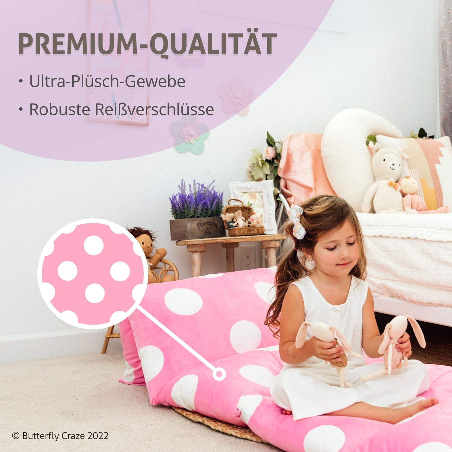 Butterfly Craze Floor Pillow Case, Mattress Bed Lounger Cover, Polka Pink, King Size - Cozy Seating Solution for Kids & Adults, Recliner…